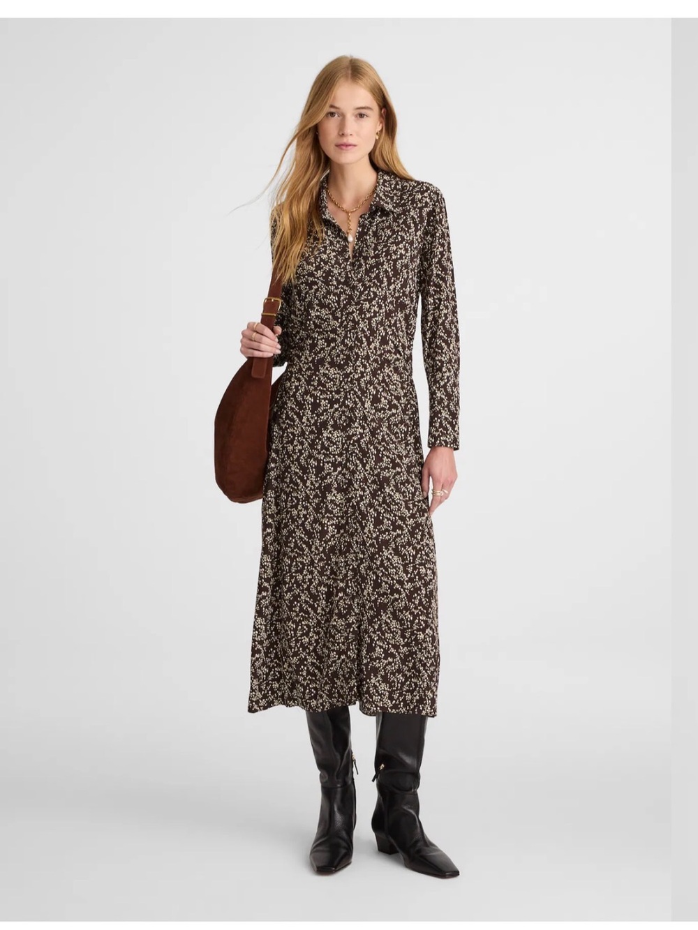 Madewell Ruched Midi Shirtdress in Bridgette Spots Brown